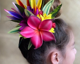 Hawaiian Hair Clip Tahitian Adornment Aparima Ahuroa Statement Piece Plumeria Orchid Bird of Paradise Artificial Ti Leaf Tropical Hair Pin