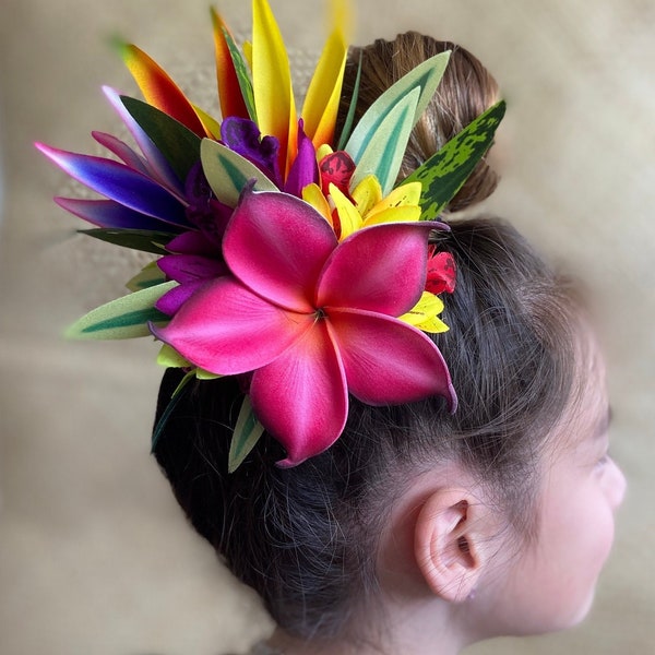 Pince à cheveux hawaïenne parure tahitienne Aparima Ahuroa pièce tendance orchidée plumeria oiseau de paradis feuille de ti artificielle épingle à cheveux tropicale