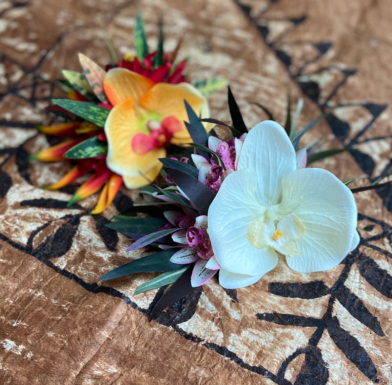 Hawaiian Flower Hair Clip Tahitian Costume Accessories Orchids & Heliconia Artificial Ti Leaf Tropical Hairpin for Aparima Ahuroa Otea Solo image 9