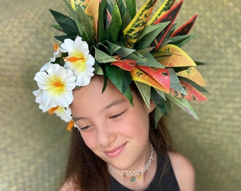 Polynesian Headdress Hibiscus Croton Lei Po'o Premium Tahitian Flower Crown for Ahuroa Aparima Otea Ori Tahiti Solo Competition Costuming