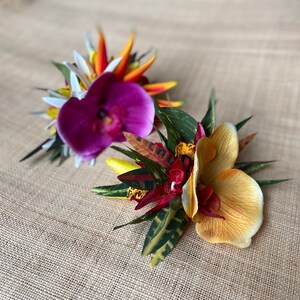 Hawaiianische Blume Haarspange Tahitian Kostüm Zubehör Orchideen & Heliconia Künstliche Ti Blatt Tropische Haarnadel Bild 5