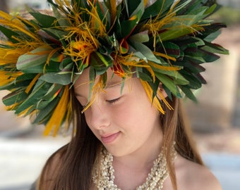 Lei Po'o Premium Polynesian Crown Performance Quality Tropical Wedding Graduation Artificial Silk Ti Leaf Hau & Birds of Paradise