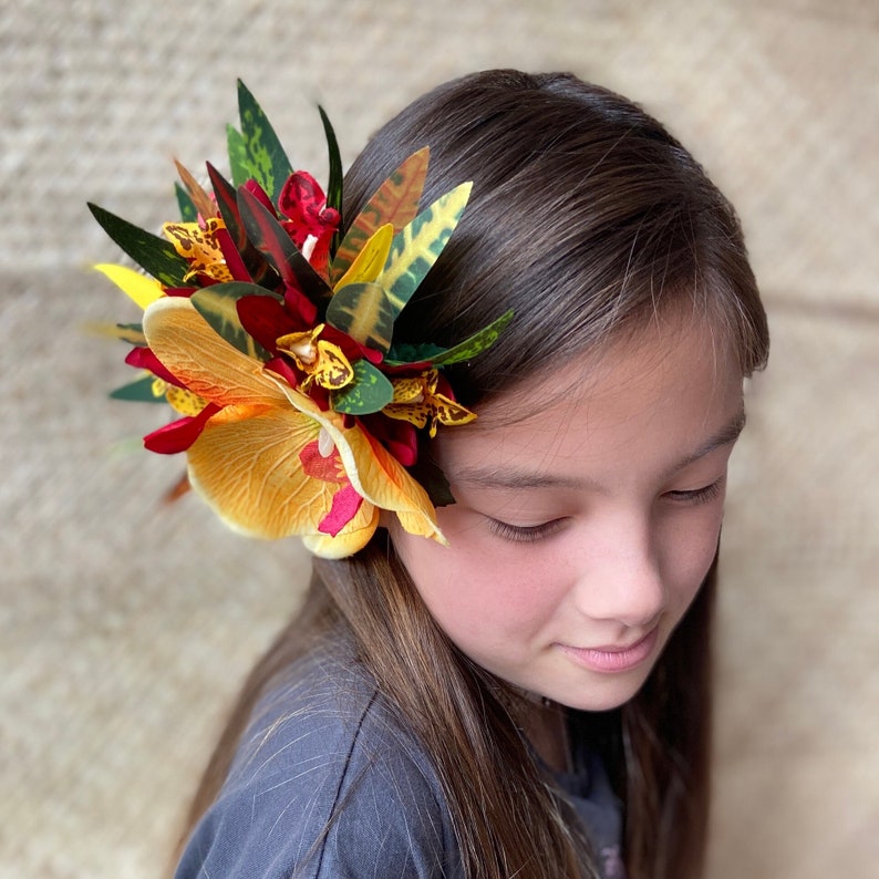 Hawaiian Flower Hair Clip Tahitian Costume Accessories Orchids & Heliconia Artificial Ti Leaf Tropical Hairpin for Aparima Ahuroa Otea Solo image 4