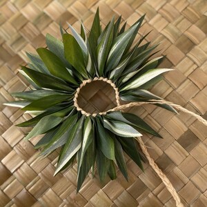May include: A green and white leaf lei with a brown cord. The lei is made of many leaves that are woven together to form a circle.