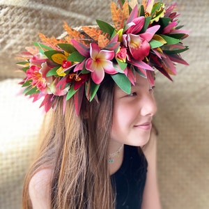 Lei Po'o Ohai Alii Premium Hawaiian Flower Crown Stunning Tropical Wedding Graduation Artificial Silk Ti Leaf Plumeria Croton image 6