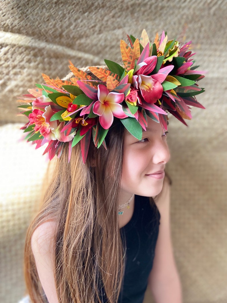 Lei Po'o Ohai Alii Premium Hawaiian Flower Crown Stunning Tropical Wedding Graduation Artificial Silk Ti Leaf Plumeria Croton image 6