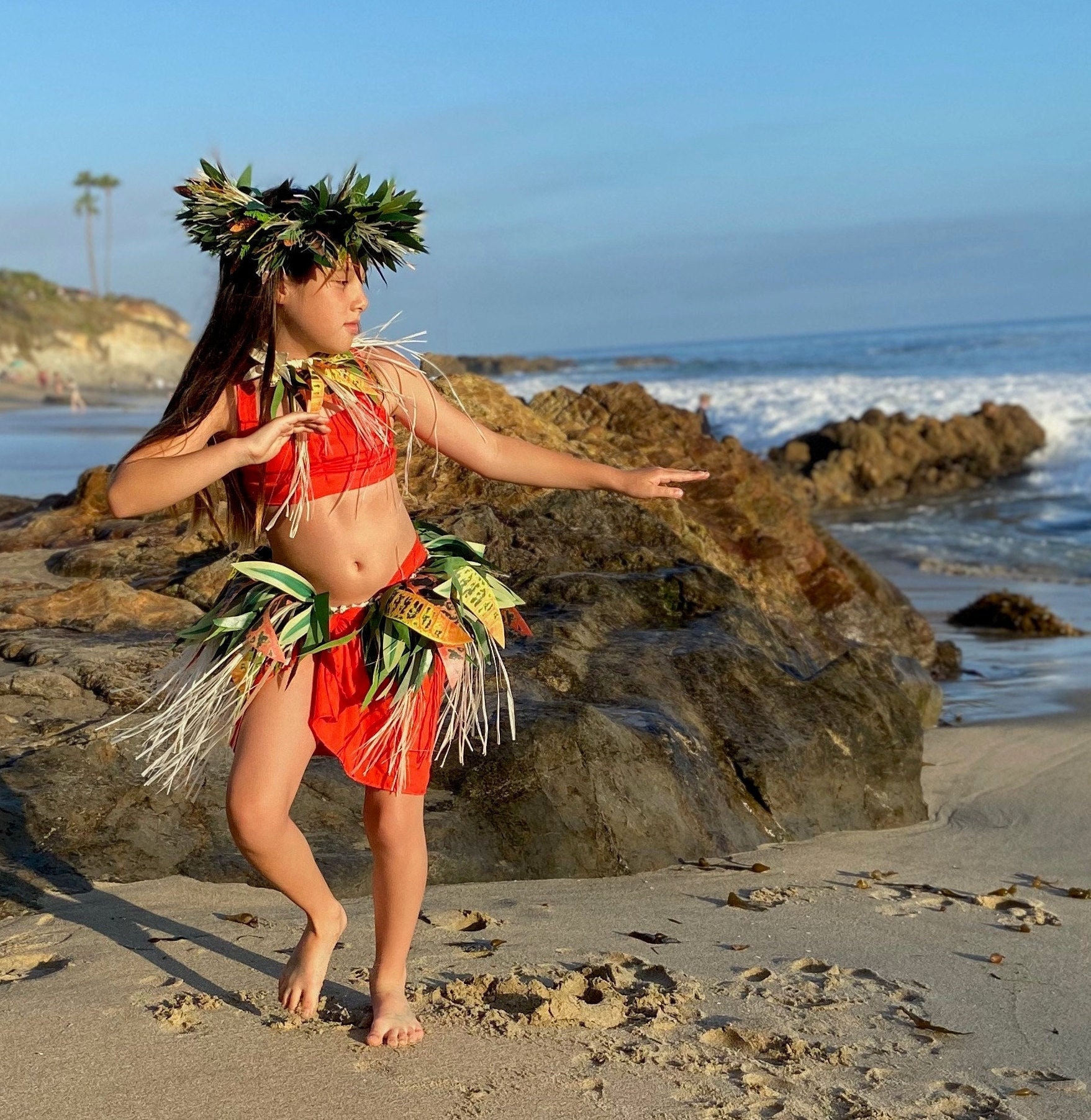 Hula Dancer Lei Flowers Coconut Bra Grass Skirt Long Sleeve T-Shirt T-Shirt