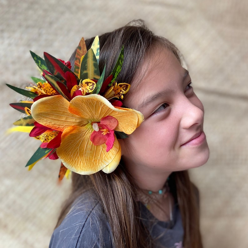 Hawaiian Flower Hair Clip Tahitian Costume Accessories Orchids & Heliconia Artificial Ti Leaf Tropical Hairpin for Aparima Ahuroa Otea Solo image 6