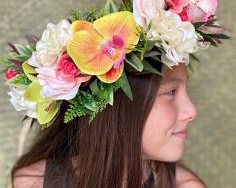 Lei Po'o Okika Premium Royal Hawaiian Flower Crown Haku Graduation Lei Tropical Bridal Tiara Floral Wreath Artificial Silk Ti Leaf