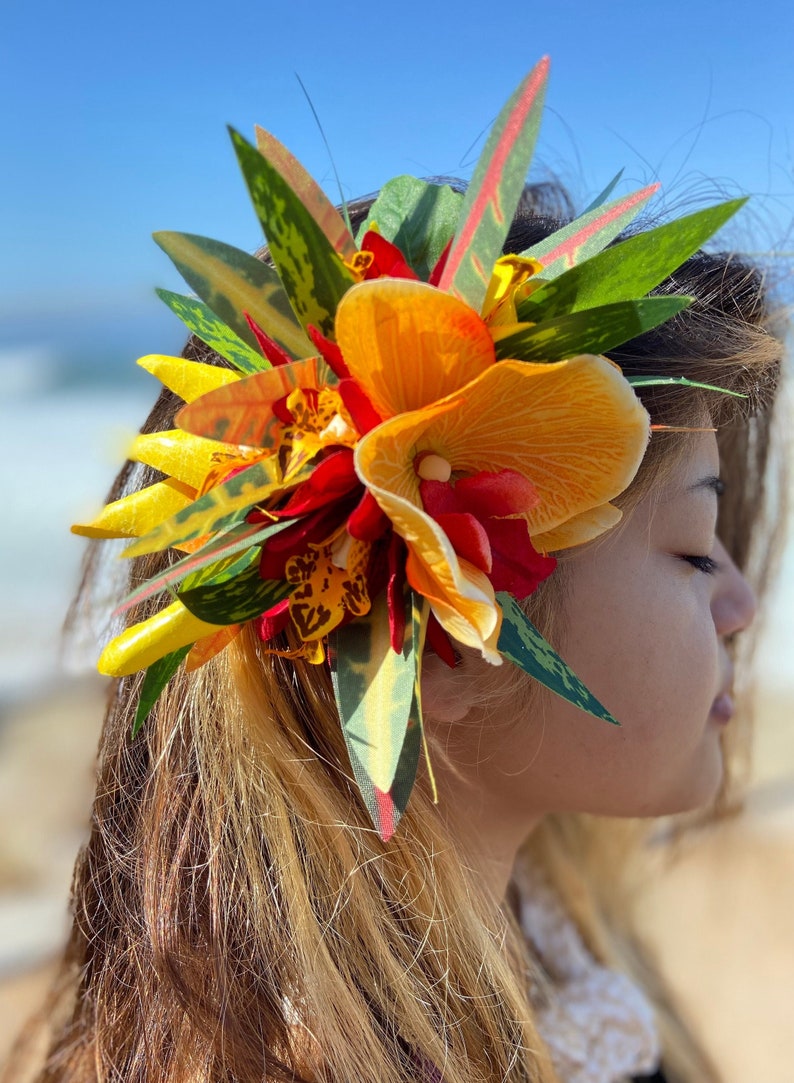 Hawaiian Flower Hair Clip Tahitian Costume Accessories Orchids & Heliconia Artificial Ti Leaf Tropical Hairpin for Aparima Ahuroa Otea Solo image 3