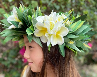 Lei Po'o Premium Bridal Hawaiian Flower Crown Romantic Tropical Wedding Graduation Artificial Silk Ti Leaf Fern Frangipani Lily Cordyline