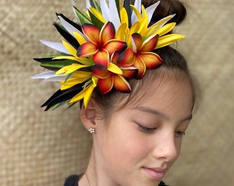 Royal Polynesian Plumeria Hair Clip Tahitian Headdress Costume for Aparima Ahuroa Hula Statement Piece Bridal Siva Samoa Tongan Fascinator