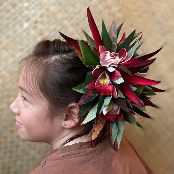 Hawaiian Queen Orchid Hair Clip Tahitian Headdress Costume Aparima Ahuroa Statement Piece Bird of Paradise Floral Artificial Ti Leaf Hairpin