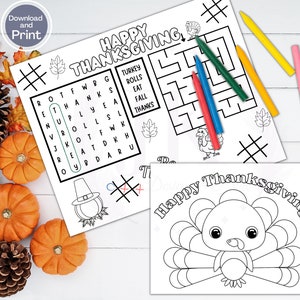 Thanksgiving Coloring Sheet, Printable Placemat Dinner Table, Thanksgiving Game, Kids Table, Thanksgiving Activity Placemat, Keep Kids Busy