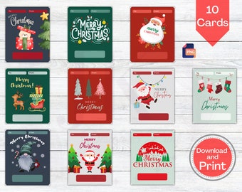 May include: Ten printable Christmas gift tags featuring various festive designs. The tags include illustrations of Santa Claus, reindeer, gnomes, Christmas trees, and stockings. The text on the tags reads "Merry Christmas".