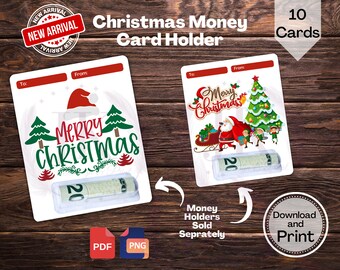 May include: Printable Christmas money holder cards with a festive design featuring a Father Christmas and a Christmas tree. The cards have a slot for a note and say "Merry Christmas".