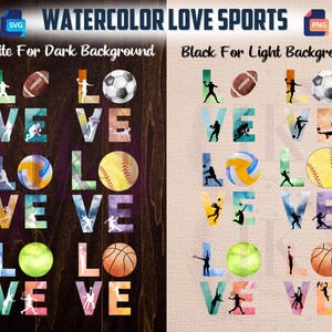 Może przedstawiać: Aquarelowe ilustracje słowa "LOVE" z różnymi sprzętami sportowymi i sportowcami w każdej literze. Tło to wzór drewna. Tekst "White For Dark Background" i "Black For Light Background" znajduje się w górnej części obrazu.