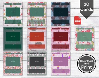 May include: Ten printable gift card templates featuring a variety of Christmas-themed designs. Each template includes spaces for "To", "From", and "Gift Card".