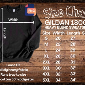 Size Chart Gildan Unisex 18000 , Gildan 18000 Mockup, Size 3XL 4XL 5XL, Gildan Size Guide, Gildan Sweatshirt Mockup Size Chart