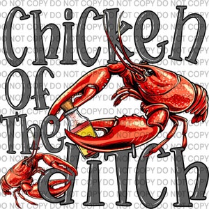 Puede incluir: Una ilustración digital de dos cangrejos rojos sosteniendo una botella de salsa picante con el texto "Chicken of the Ditch" en gris.