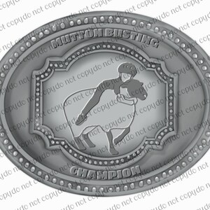 May include: A silver belt buckle with a raised design of a person riding a sheep. The buckle has the words "Mutton Busting Champion" around the edge.