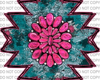 May include: A turquoise blue and pink starburst design with a large pink rhinestone flower in the center. The design has a distressed, vintage look and the words "Ranch" are written twice in white.