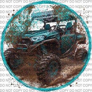 May include: A teal and black off-road vehicle with a leopard print design is covered in mud and dirt. The vehicle is in a circular frame with a teal border.