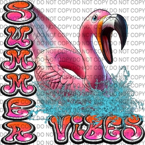 Peut inclure: Un flotteur de piscine rose en forme de flamant rose avec de l'eau bleue qui éclabousse autour de lui. Les mots "Summer Vibes" sont écrits dans une police de caractères colorée et en forme de bulle.