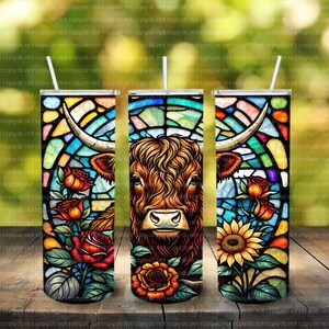 Stained Glass Cow Sunflowers Roses tumbler PNG