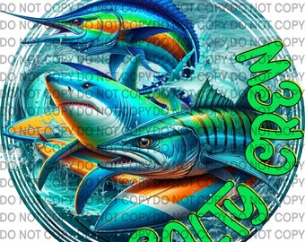 May include: A colorful illustration of three fish, a shark, a marlin, and a swordfish, riding surfboards with the text "Salty Crew" in green letters.