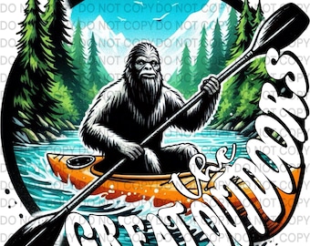 May include: A black and white illustration of a Bigfoot paddling a kayak on a river. The kayak is orange and the paddle is brown. The text "Great Outdoors" is written in a white circle around the image.