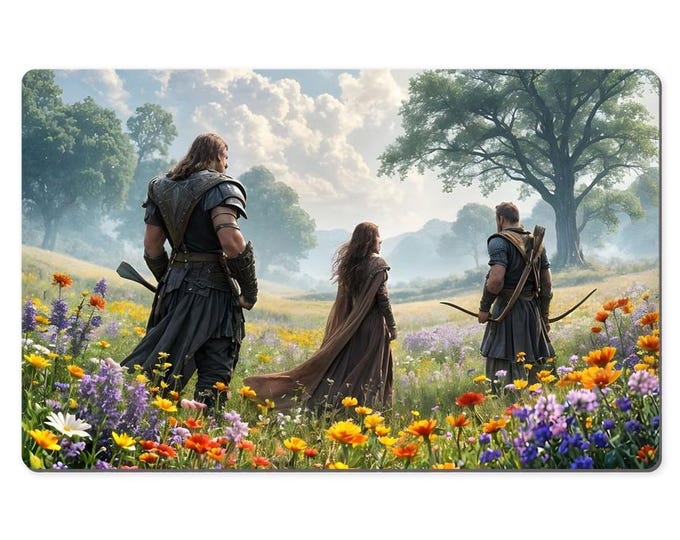 Featured listing image: Fantasy Adventurers Desk Mat – Barbarian, Mage, And Archer In Enchanted Field