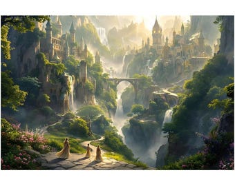 Könnte beinhalten: Digitales Gemälde einer Fantasy-Landschaft mit einer majestätischen Burg inmitten üppiger grüner Berge und Wasserfälle. Drei Figuren in fließenden Gewändern gehen einen Steinweg entlang, der zur Burg führt.