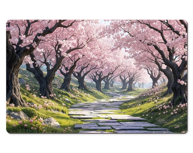 Featured listing image: Cherry Blossom Path Desk Mat – Tranquil Sakura Garden Mouse Pad