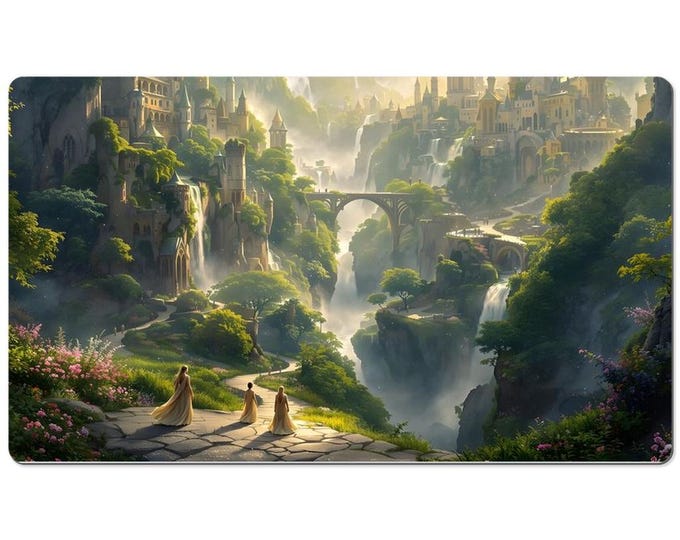 Featured listing image: Elven River City Desk Mat – Fantasy Realm Inspired By Rivendell