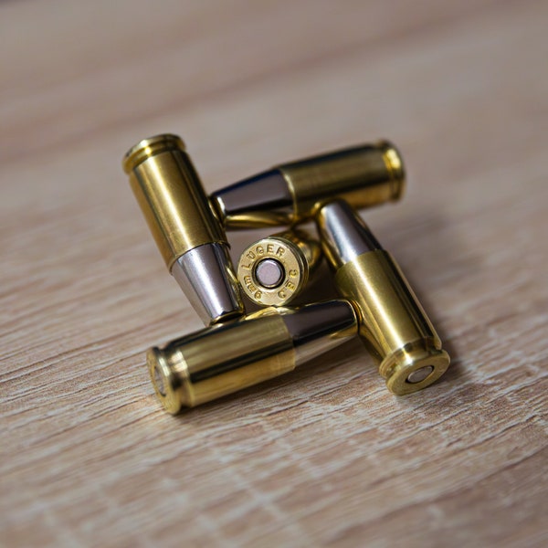 Cartouches magnétiques Luger 9 mm (5 pièces) avec balle factice à tête plate magnétique puissante et capuchon d'amorce factice comme aimant en néodyme