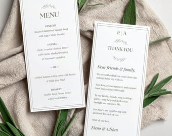 Sage Minimal Wedding Menu & Thank You Card Template (4x9, Canva Editable Digital Download)
