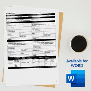 May include: A customs invoice with text and tables, a coffee cup, and a Word logo. The invoice includes details like date, tracking, and product descriptions. The document lists men's leather dress shoes and women's leather heeled sandals.