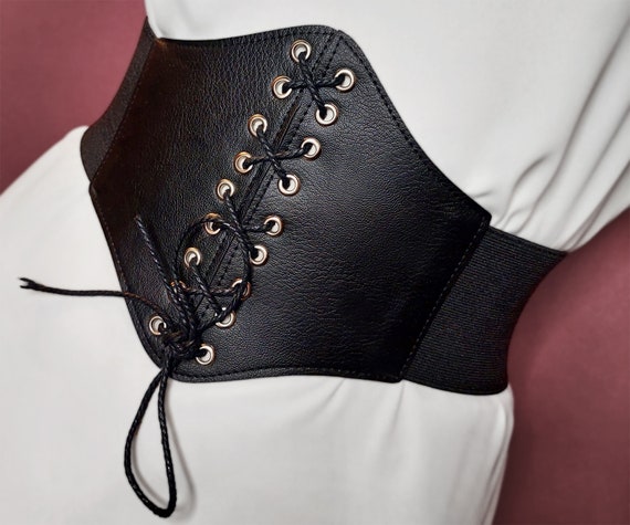 Women Black Tie Corset Extra Wide Elastic Band Fashion Belt Adjustable Size  S M 