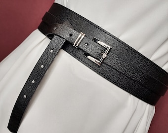 Customized Double Wrap Belt, Women's Leather Belt, Black Woman Obi Belt, Wide Sash Belt