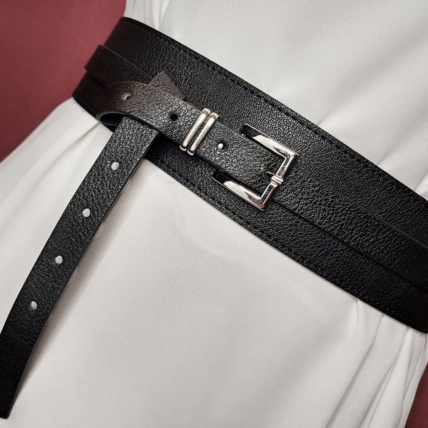 Customized Double Wrap Belt, Women's Leather Belt, Black Woman Obi Belt, Wide Sash Belt