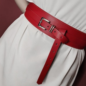 Red Vegan Leather Wide Belt: Engraved Double Wrap Women&#39;s Belt