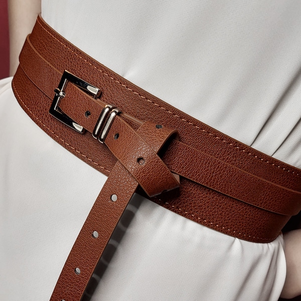 Women's Belt / Brown Woman Vegan Leather Belt / Double Wrap Belt / Wide belt / Soft Vegan Leather Belt