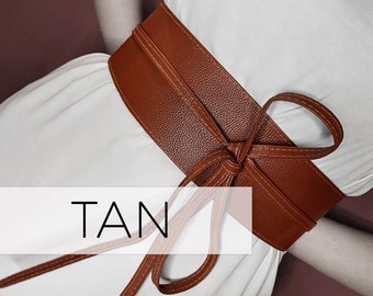 Personalised Ladies Waist Belt, Customized Obi Belt, Tan Women's Vegan Leather Belt, Bow Tie Wraparound Waistband, Double Wrap Belt