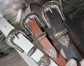 Personalized Western Women Belt, Gift for her, Engraved Women's Leather Belt, Western Buckle Belt, White Woman Vegan Leather Belt