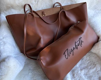 Brown Vegan Leather Women's Tote Bag - Personalized Work Satchel For Her