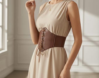 May include: A sleeveless beige dress with a brown corset belt. The corset belt has a lace-up design in the center and is made of a smooth, leather-like material. The dress has a simple, elegant design.