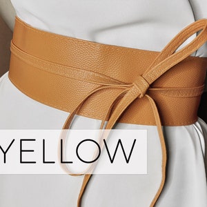 Bow Tie Wraparound Waistband - Personalized WOMEN DRESS BELT - Customized Obi Belt - Yellow Women&#39;s Vegan Leather Belt - Double Wrap Belt