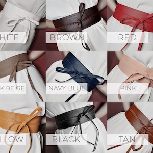 Double Wrap Belt, Personalized Ladies Waist Belt, Customized Obi Belt, Tan Women&#39;s Vegan Leather Belt, Bow Tie Wraparound Waistband