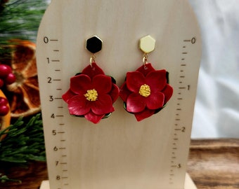 Poinsettia Flower Earrings | Polymer Clay Earrings | Christmas Clay Earrings | Holiday Earrings | Gold Earrings | Handmade Earrings